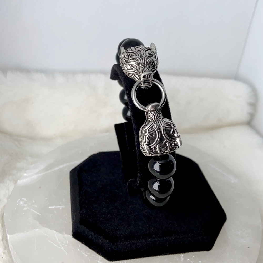Men or women Rocker viking stainless steel tribal wolfs heads & genuine onyx - Picture 12 of 16